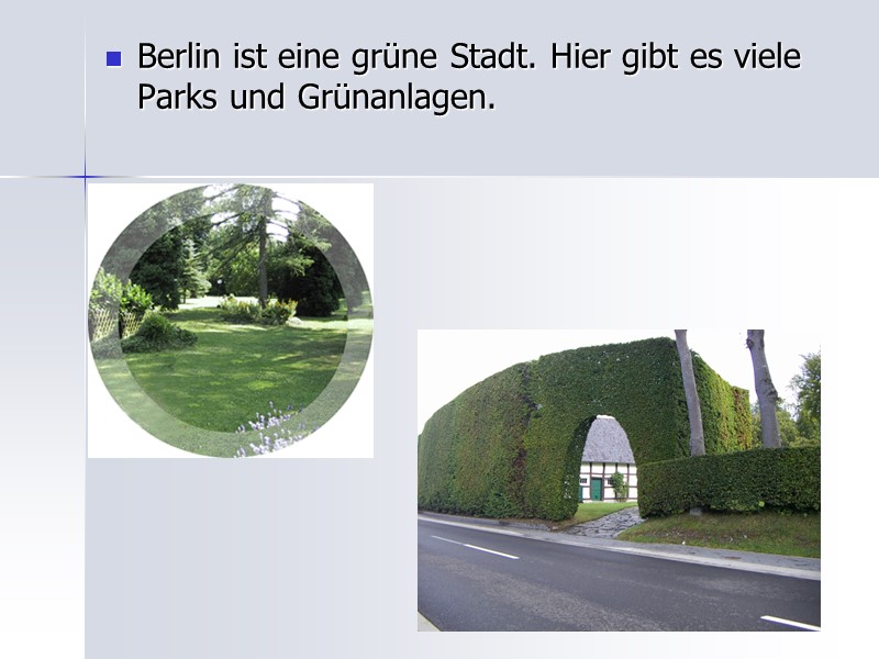 Berlin ist eine grüne Stadt. Hier gibt es viele Parks und Grünanlagen.